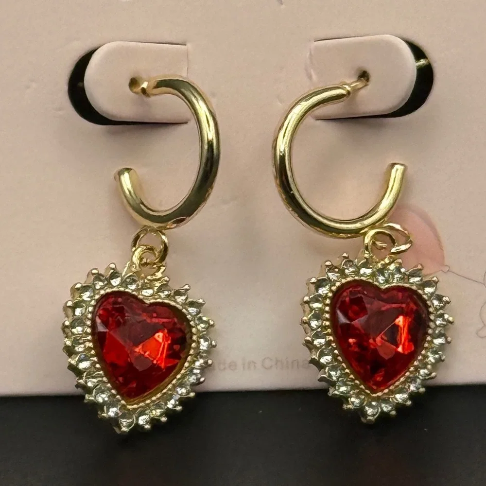 Gold Tone Heart Hoop Earrings Red Gem‎ Rhinestone Dangle Charm Be Mine Valentine